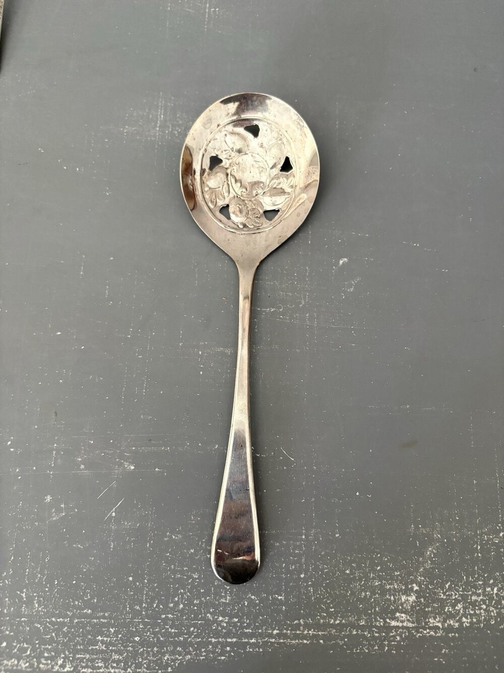 Vintage Sheffield England Silver Plated Pierced Serving Spoon Floral 8.5”